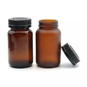 Amber Round Empty Capsule Glass Bottle Pharmaceutical Packaging With Plastic Child Resistant Lid