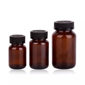 Amber Round Empty Capsule Glass Bottle Pharmaceutical Packaging With Plastic Child Resistant Lid