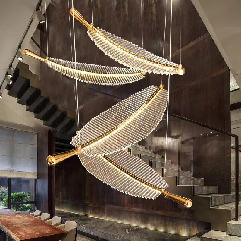 HITECDAD Modern Atmospheric palm leaf crystal glass rod chandelier loft compound long chandelier