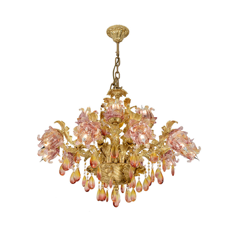 HITECDAD Country Style Brass Chandelier Coloured Glazed Big Flower K9 Crystal Pendant Light