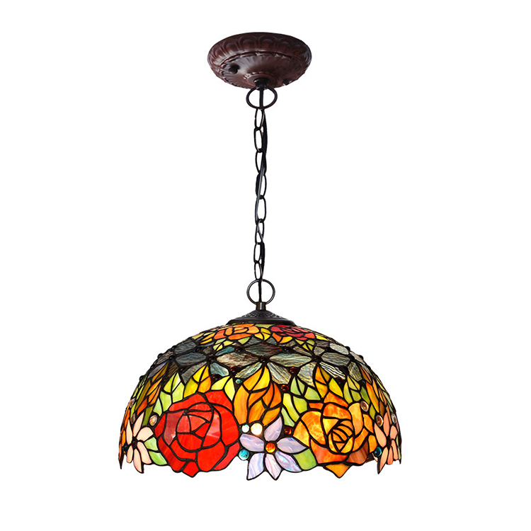 HITECDAD Indoor Red Rose Stained Glass Tiffany Pendant Light