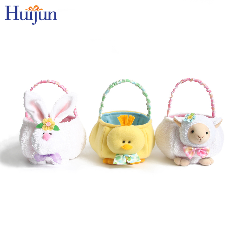 Велигденска кошница со дизајн на зајачиња и патки и овци со рачка за лов на јајца за велигденска декорација
