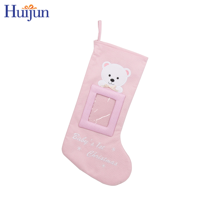 Hot Sell Custom 20 Inch Felt Pink Baby Bear Embroidery Christmas Stocking With Photo Frame Baby First Xmas Gifts Bag