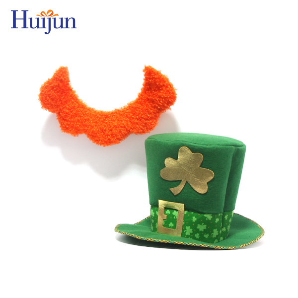 Factory 9 inch St. Patricks Day Irish Clover Costume Shamrock Green Tall Leprechaun Green Top Hat With Mustache beards Gold Buckle Accent