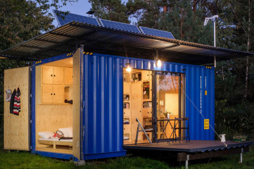 Build a container house with wind thurbine and solar panel