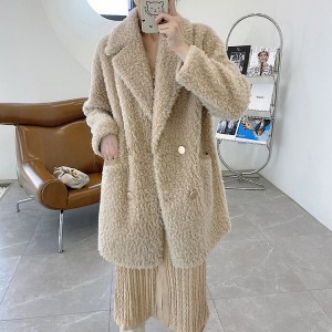 22RL019 Winter Long Overcoat Pure Woolen Luxury Sheepskin Lapel Women Coat