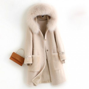 22F065 Desigual Fox Fur Collar Hand-stitched Clothes Single-breasted Button Fastening Fur Trim Hooded Overcoat Female Winter Fur Coats