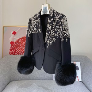 WL003 Real Fox Fur Collar Jacket Winter Tight Waist Handmade Overcoat Woman Gold Wool Coats