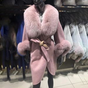 WL005  winter women fall long real fox fur cashmere jacket double faced fur wool coat
