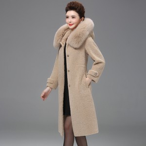 22F054 Noble Plush Outerwear Fox Fur Collar Merino Wool Tops Apparel Sheep Shearing Women Coat