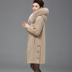 22F055 New Designer Clothing Popular Hand-stitched Winter Autumn Warm Cardigan  Wool Grain Coat Fur Trim Hooded Women Coat