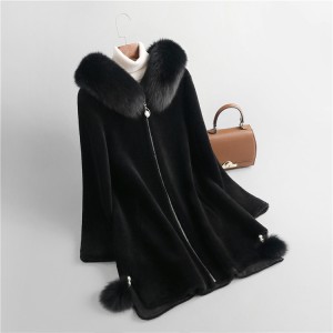 22F053 Factory New Style Popular Female Sheepskin Overocoat Swing Wool Apparel  Fur Trim Hooded Long Coat for Ladies