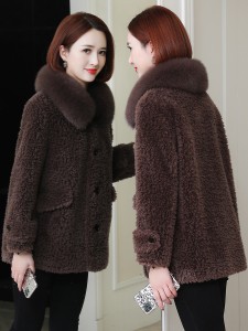 22F033 Trending Lady Dress Custom Ladies Wool Coat Real Fox Fur Collar Hand-stitched Outerwear Sheep Shearing Winter Coat