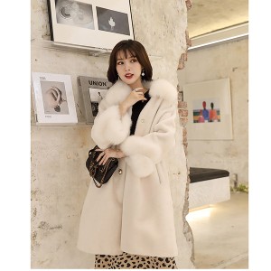22F018 Luxury Sheep Shearing Coat Women’s Medium and Long Pure Wool Grain Coat New Fox Fur Collar Fur Sheepskin Coat with Big Fur Pocket