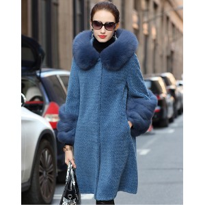 22F005 Long Fur Coat Granular Wool Fox Fur Collar Big Fur Cuff Sheepskin Coat