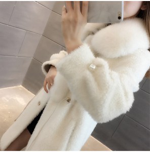 22F010 Windproof Granular Wool Fox Fur Collar Outerwear Shearing Fur Coat