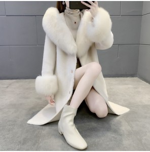 22F013 Long Fur Hooded Parka 100% Sheep Fur Knitted Wool Coat Sheepskin Coat