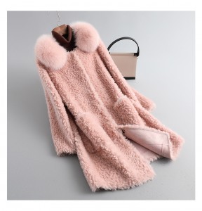 22F016 Luxury Big Fox Fur Lapel Collar Women Outerwear Winter Shearing Fur Plush Coat with 100% Wool