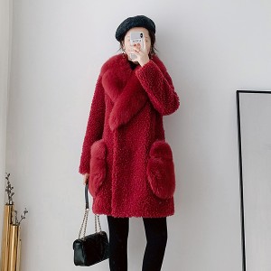 22F019 Double Breasted Real White Fox Fur Collar and Pocket Merino Wool Tops Winter Fur Coats Pure Wool Shearing Fur Coat for Women