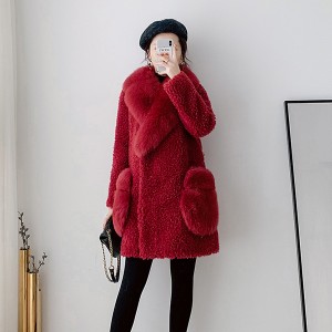 22F019 Double Breasted Real White Fox Fur Collar and Pocket Merino Wool Tops Winter Fur Coats Pure Wool Shearing Fur Coat for Women
