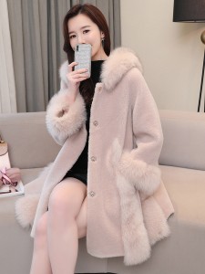 22F023 Real Fox Fur Trimming Jacket Fit and Flare Winter Clothing Women Fur Hooded Parka Fluffy Swing Coat with Belt