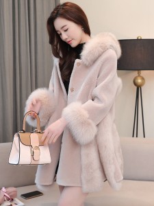 22F023 Real Fox Fur Trimming Jacket Fit and Flare Winter Clothing Women Fur Hooded Parka Fluffy Swing Coat with Belt