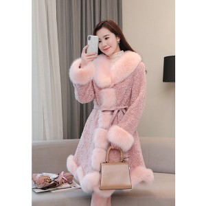 22F024 Trending Lady Dress Zipper Up Cosual Girl over Coat Winter Think Shearing Fur Coat Real Fox Fur Collar Sheepskin Jacket