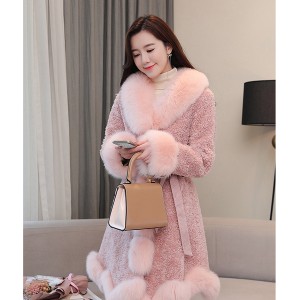 22F024 Trending Lady Dress Zipper Up Cosual Girl over Coat Winter Think Shearing Fur Coat Real Fox Fur Collar Sheepskin Jacket