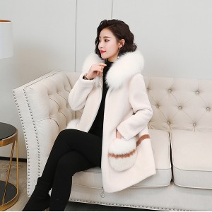 22F025 A Line Winter Fur Coat Big Fox Fur Collar Real Mink Fur Trimming Outerwear Merino Wool Tops Plush Sheepskin Coat for Winter