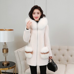 22F025 A Line Winter Fur Coat Big Fox Fur Collar Real Mink Fur Trimming Outerwear Merino Wool Tops Plush Sheepskin Coat for Winter