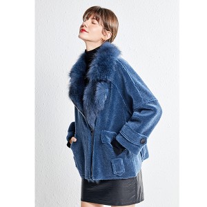 22F038 Casual Jackets Sheepskin Overocoat Drop Shoulder Fox Fur Collar Outwear Merino Wool Tops Fur Coats for Ladies