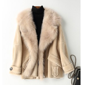 22F038 Casual Jackets Sheepskin Overocoat Drop Shoulder Fox Fur Collar Outwear Merino Wool Tops Fur Coats for Ladies