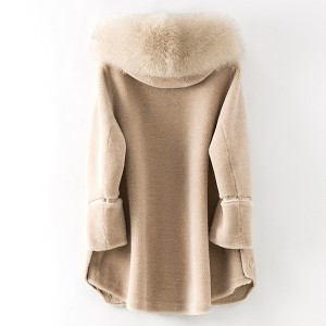 22F041 Live Fit 100% Virgin Wool Parka Long Sleeve Elegant  Female Fox Fur Collar Outwear Lambskin Fur Coats for Ladies