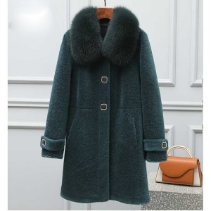 22F043 Factory Wholesale Korean Sheep Shearing Winter Autumn Warm Wool Grain Coat Swing Coat Fur Trim Hooded Lambskin Coat