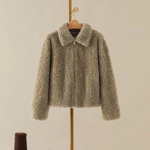 22H014 Casual Korean Style Girl’s Brand 100% Wool Sheep Zip Up Fleece Jackets Genuine Shearing Fur Coat