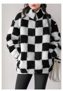 22H017 Korean Style Check Pattern Coat Casual 100% Wool Sheep Shearing Genuine Fur Fleece Bomber Jacket