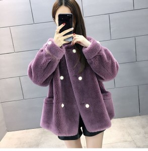 22R002 100% Wool  Warm Women Cloths Sheep Shearing Fur Coat Double Breasted Fashion Lapel Woolen Jacket
