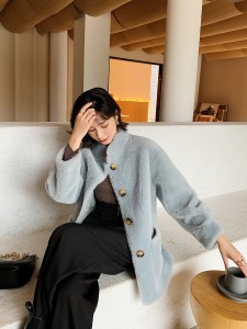 22RL027  Trending Lady Dress Streetwear Woolen Jacket Loose Fit Warm Women Cloths 100% Wool Sheep Shearing Real Fur Coat