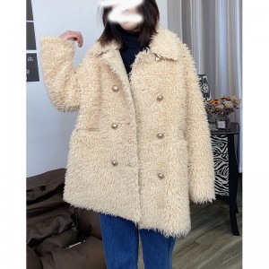 SSFC-2120 High quality designer coat Lapel with pockets neckline snap-fastener women long coat terse style womens sheepskin coat