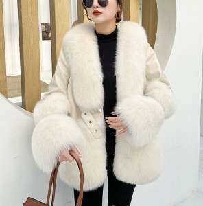 228FC020 Women Warm Fox Fur Sleeve Coat Blue Fo...