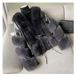 228FC027 Winter Bomber Leather Jacket Fashion Real Fox Fur Coats For Ladies