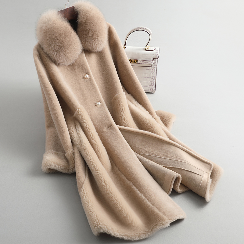 22F008 Winter Zipper New Woollen Coat Haining Real Fox Fur Trim Med-long Plush Coat Featured Image