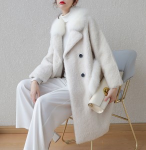 22F019 Double Breasted Real White Fox Fur Colla...