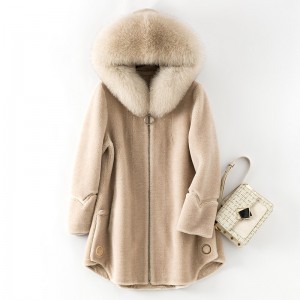 22F040 Factory wholesale korean wool apparel elegant female sheepskin overocoat fur trim hooded women coat
