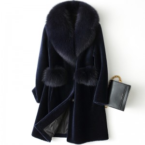 22F044 Factory Wholesale Korean Hand-stitched Sheepskin Overocoat Merino Wool Women Coat with Real Fox Fur Collar