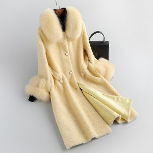 22F057 Classic Single-breasted Button Fastening Cardigan Sheepskin Dressy Merino Wool Tops Real Fox Fur Collar Wool Winter Coat