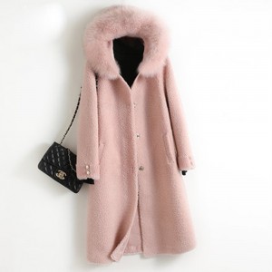 22F069 Manufacturer Single-breasted Button Fastening Fox Fur Collar over Coat Thick Sheep Shearing Parka Wool Winter Coat
