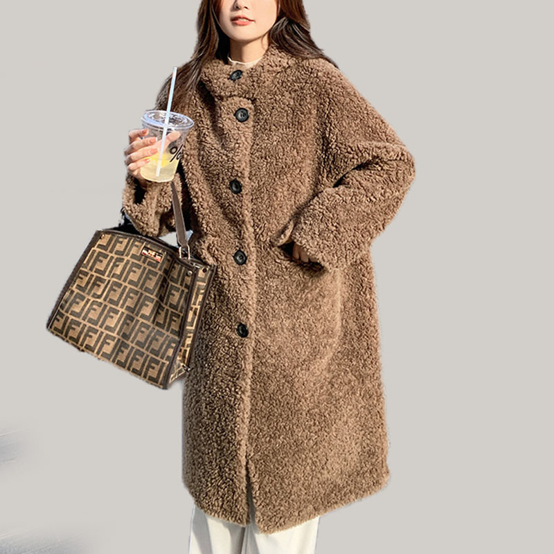 OEM Cashmere And Fur Coat Factory –  22RL008 Winter Long Overcoat Loose Fit Fleece Sheep Shearing Real Fur Coat  – MeWell