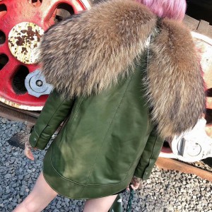 Fashion Design Genuine Sheepskin Leather Jacket Raccoon Fur Trim Coat Real Fur Lining
