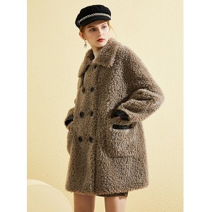 22RL012 Winter Long Overcoat Wool Plush Coat Real Sheepskin  Jacket
